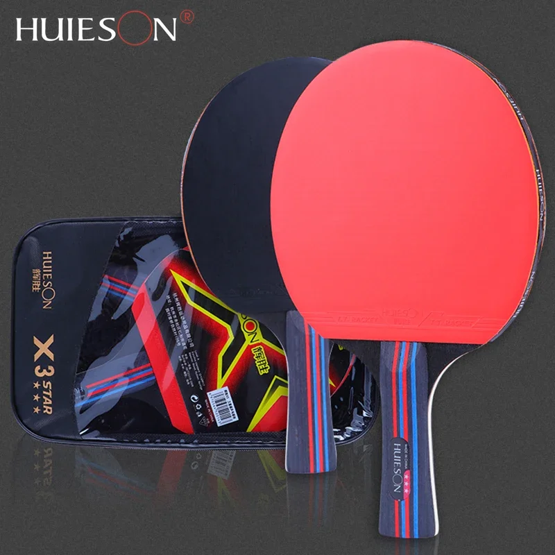 Huieson 3 Stars Table Tennis Rackets Set 5 Layer Pure Wood Double Pimples In Rubber Ping Pong Paddle with Carry Bag for Beginner