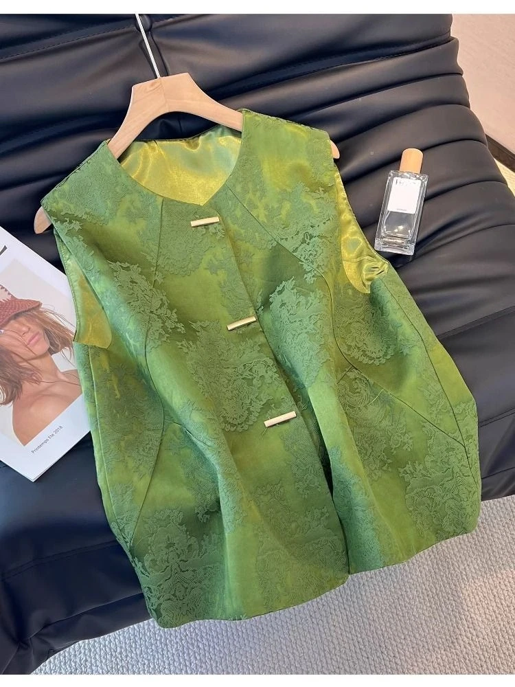 Early Vintage Spring Summer Temperament Vest Coat Y2k Exquisite Print New Chinese Style Single Breasted Camis Harajuku Top