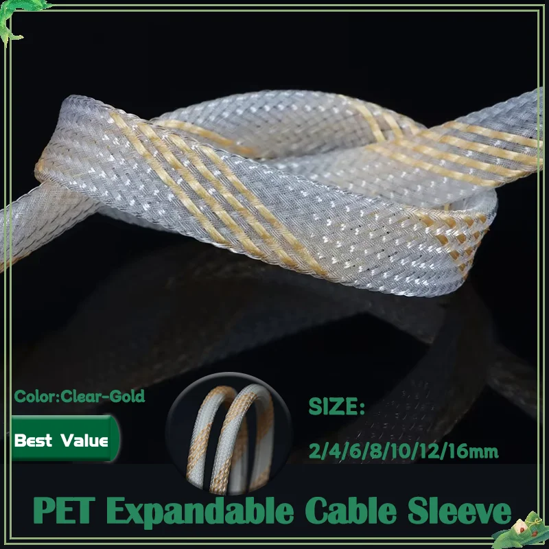 

High Density Sleeving Snake Skin Cable Wrap Sheath For Electric Cables 1~50m PET Braid Sleeve Clear Gold 2/4/6/8/10/12/16mm