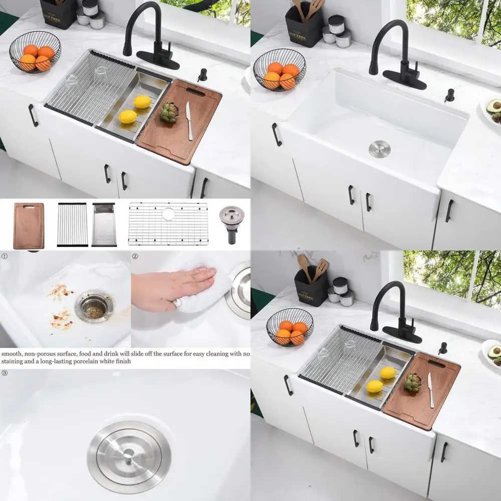 

33 White Fireclay Farmhouse Apron Sink - Bokaiya 33x20 Single Bowl Porcelain Ceramic Kitchen Sink