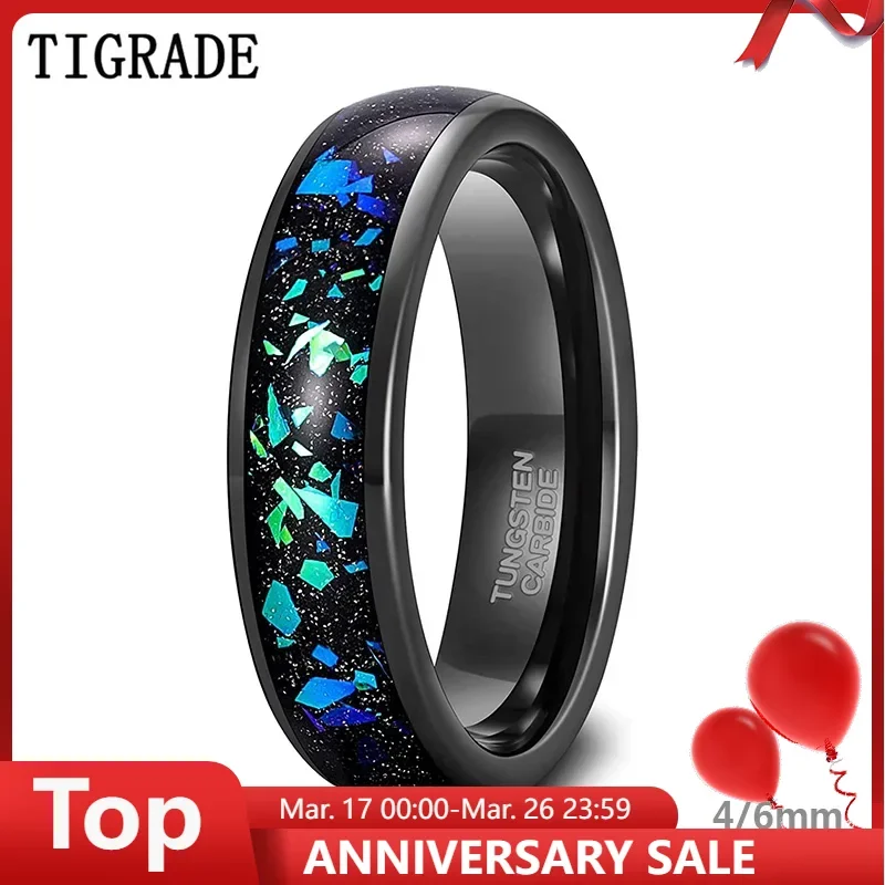 TIGRADE 4/6mm Mens Tungsten Wedding Rings Galaxy Created-opal Inlay Wedding Bands for Women Black Sand Two Tone Polished Comfort