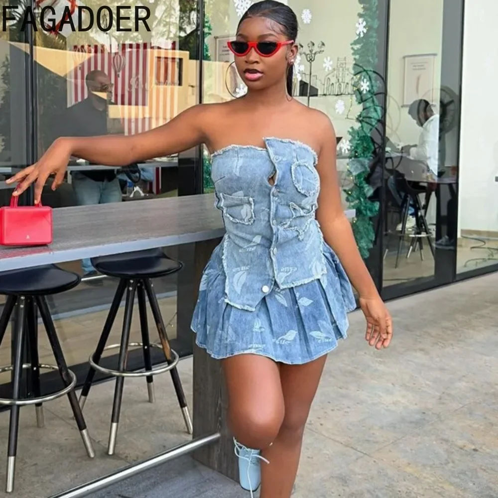 FAGADOER Fashion Patchwork Irregular Denim Two Piece Sets for Women Sleeveless Backless Slim Tube And Pleated Mini Skirts Outfit