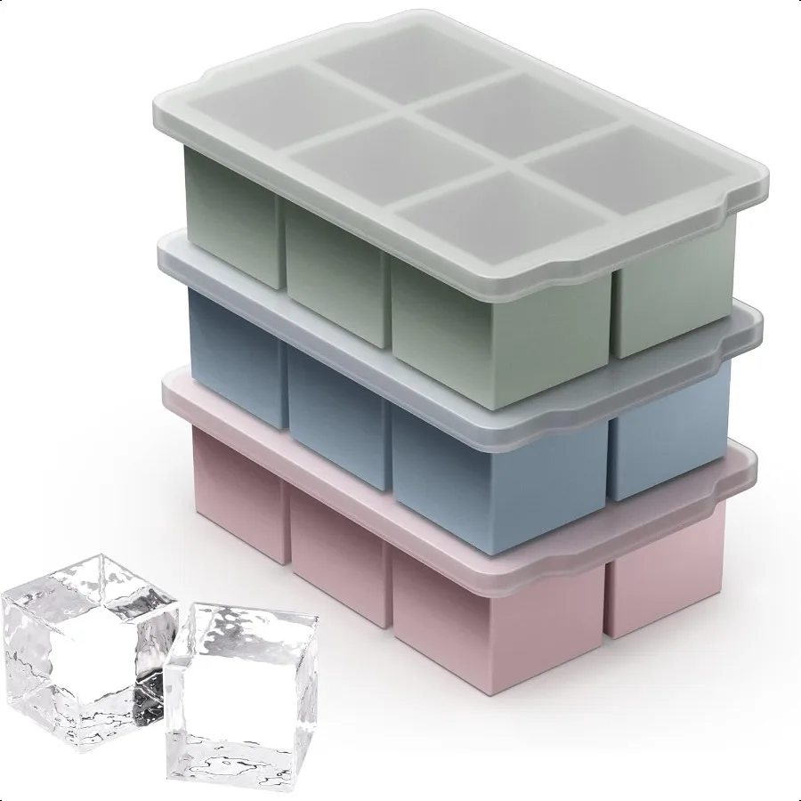

3 Packs Large Ice Cube Molds with Stackable LidSilicone Ice Cube Tray for Freezer Big Square Ice Tray for Whiskey Cocktails Bou