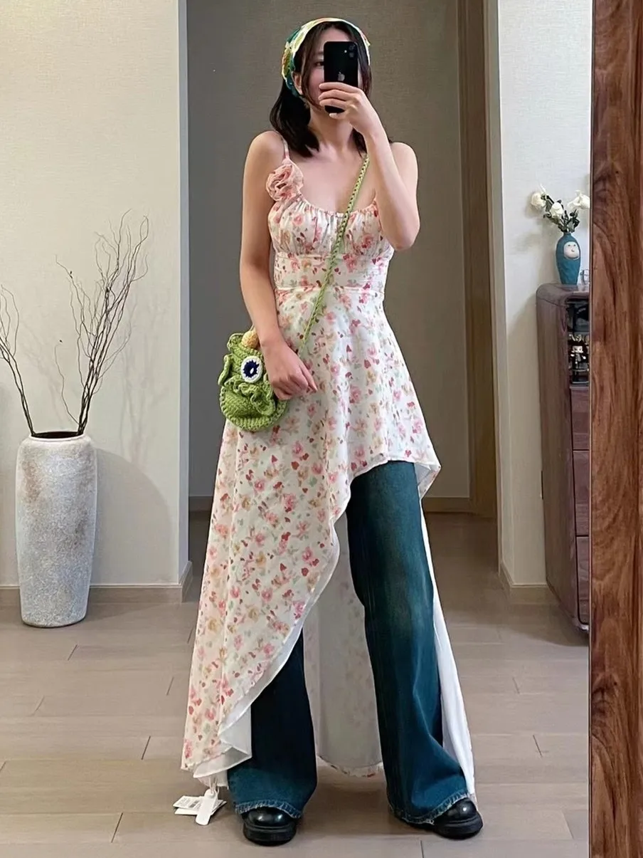 

ZHISILAO New Irregular Floral Long Dress Women Boho Beach Holiday Spaghetti Strap Dress Summer 2024 Robe