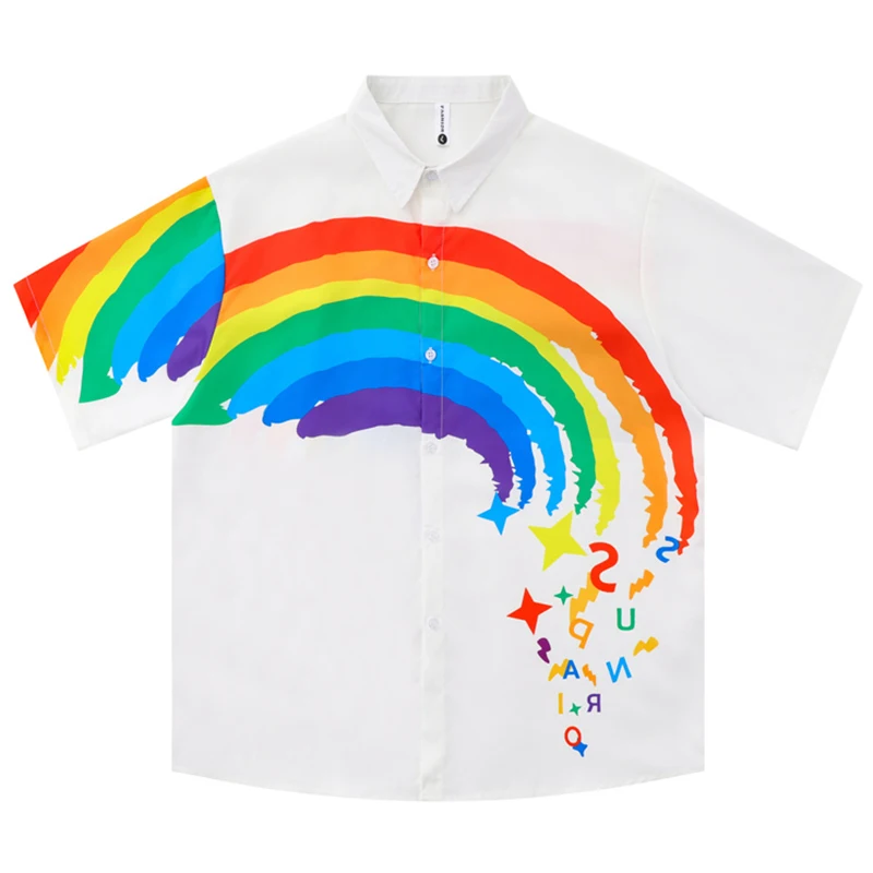 

Dark Icon Dopamine Rainbow Print Hip Hop Shirt for Men Oversize Short Sleeve Preppy Style Shirt Students Tops