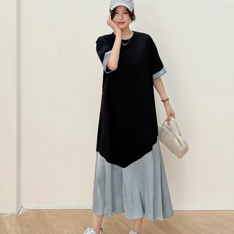 Vestido solto coreano 2025 verão novo longo algodão costura acetato cetim francês qualidade feminina rolo manga curta vestido