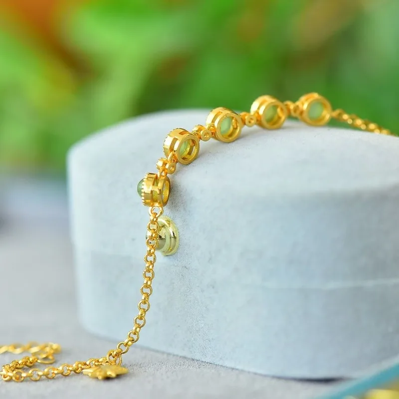 Gold Plated Inlaid Hetian Jade and Jasper Bracelet for Women Fade Resistant Elegant Jewelry Protective Talisman Daily Wear Gift