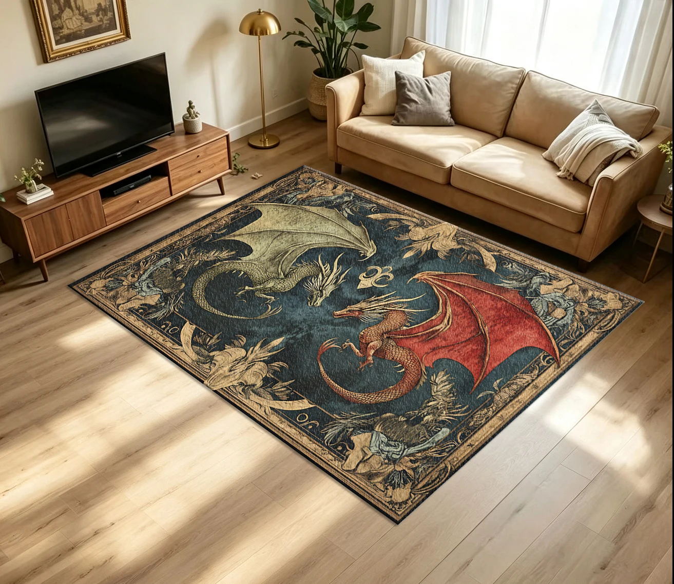 Vintage Medieval Style Two Dragon Pattern Ornate Frame Carpet Non-Slip Washable Floor Rug for Bedroom Game Room Dreamy Home Decor