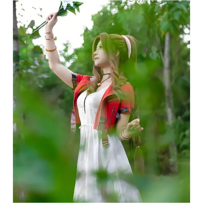 Game Final Fantasy VII Aerith Cosplay Costume Long Dress Coat Decorative Accessories Full Set Activity Party Carnival Dress Up
