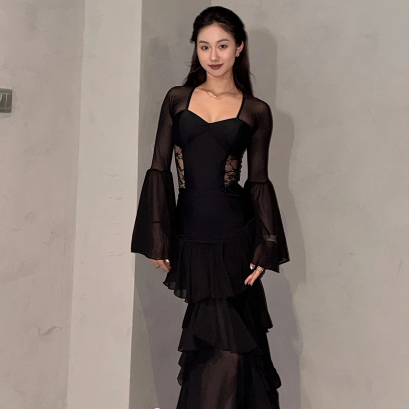 Robe de salon noire pour femmes, vêtements de danse modernes Standard, manches évasées, jupe d'entraînement, vêtements de danse pour salle de bal pour adultes, VDL4935