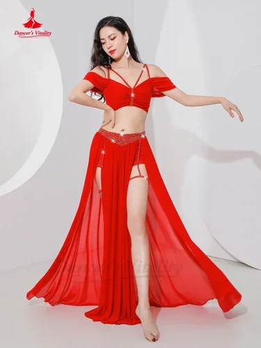 Traje profesional de danza del vientre para mujer, Top de manga corta de malla + falda larga dividida sexy, traje de danza del vientre Oriental para niña de 2 uds.