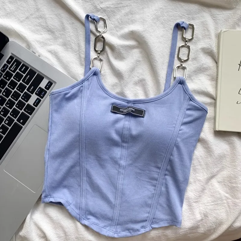 Y2k corrente punk gótico camis colete inferior com sutiã copo sexy quente feminino verão regata streetwear sólido verão branco azul roupas
