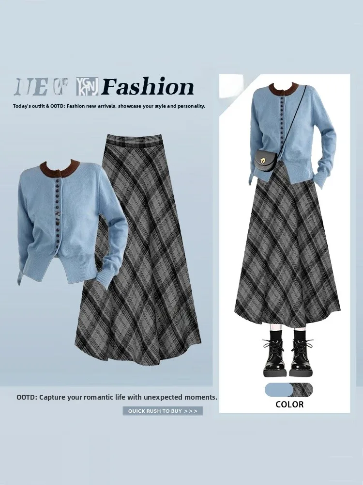 Herfst Winter Gebreide ronde Ne Open Vest Hoge Taille Geruite Rok Set voor plus Size Vrouwen Kleur Blo Faion Ensemble