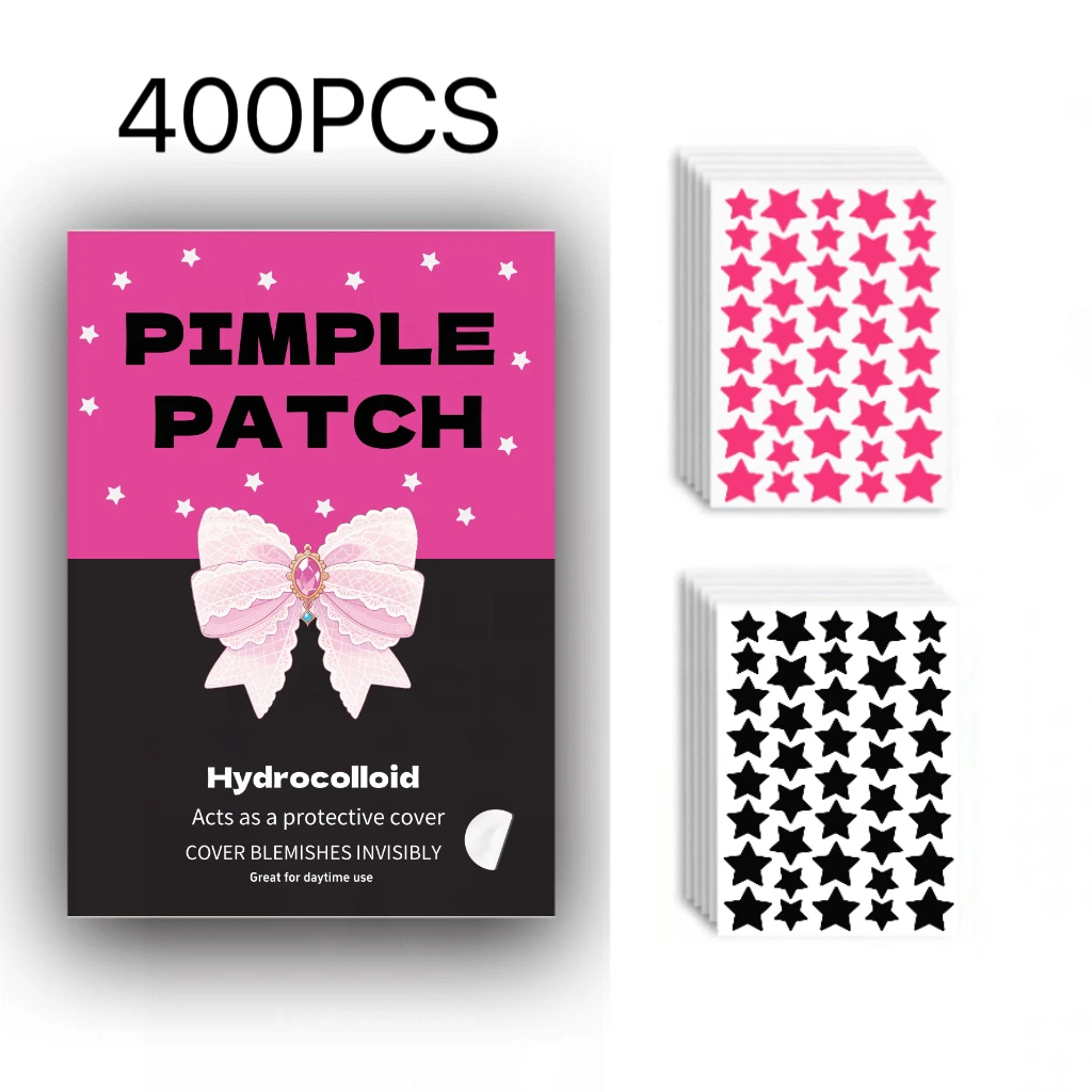 400Pcs Pink Black Star Hydrocolloid Pimple Patches Cute Bow Box Waterproof Invisible Acne Stickers For Daily Makeup