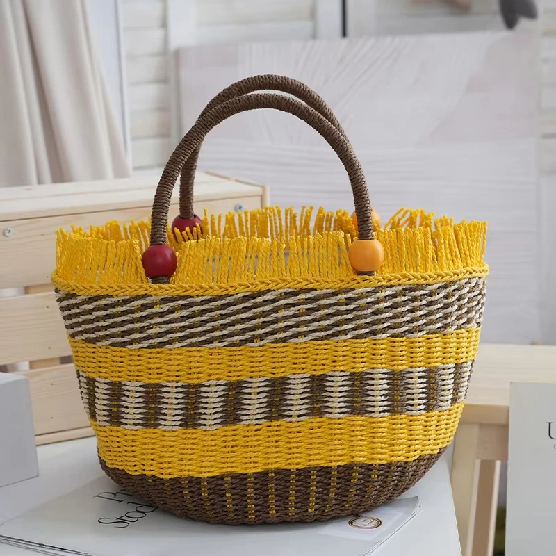 

Fashion Handwoven Tassel Straw Basket Handbag for Women Colorful Stripe Woven Design Beach Bag Travel Vacation Ladies Tote