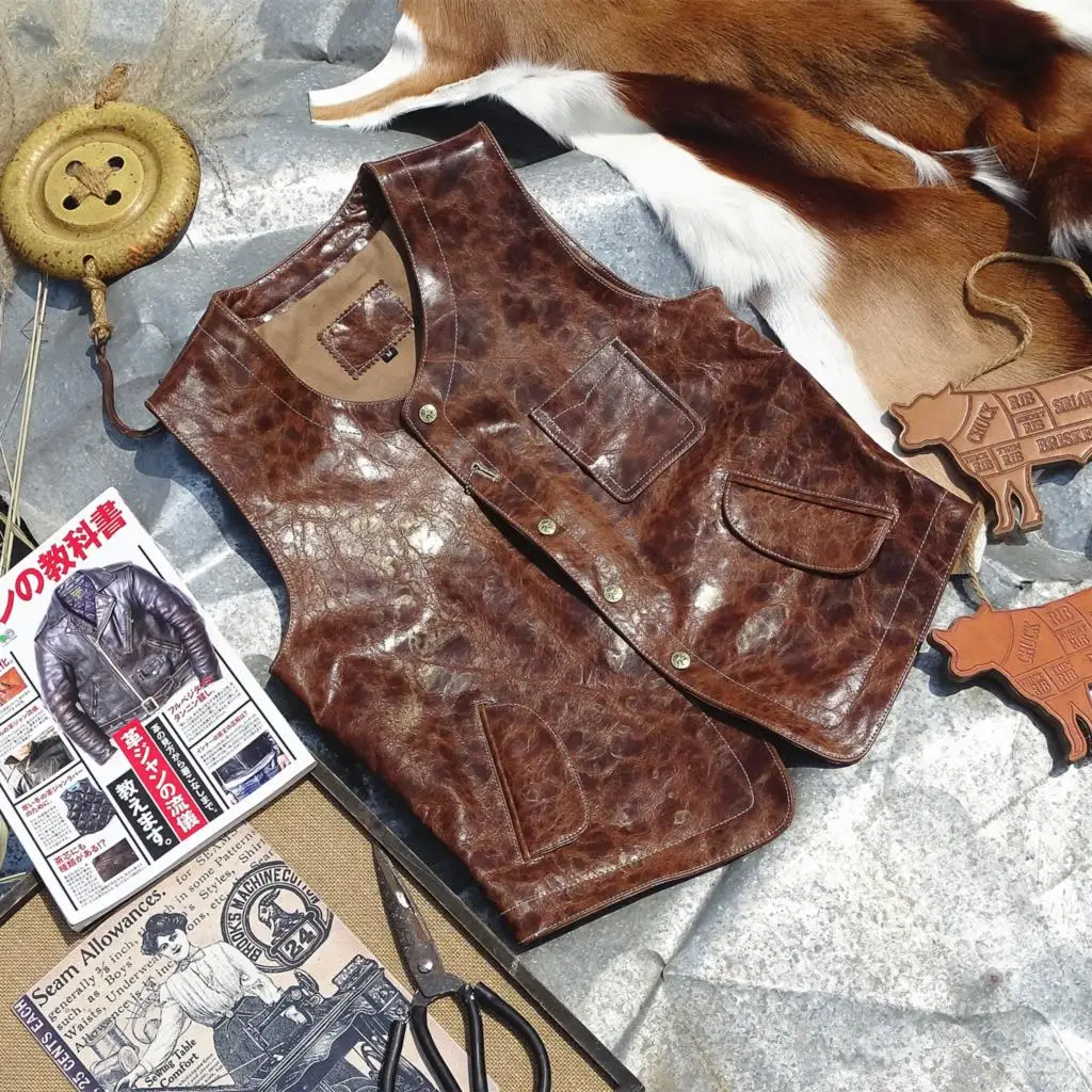 

japan hyogo glass lines. Golden horse leather!Unicorn buckle god restores ancient ways leather vest