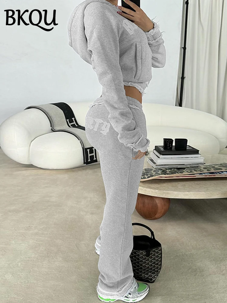 BKQU Casual Women Gray Zip Sweatshirt Trousers Suits Harajuku Fashion Letter Embroidery Hoodie Wide-Leg Sweatpants Two-Piece Set