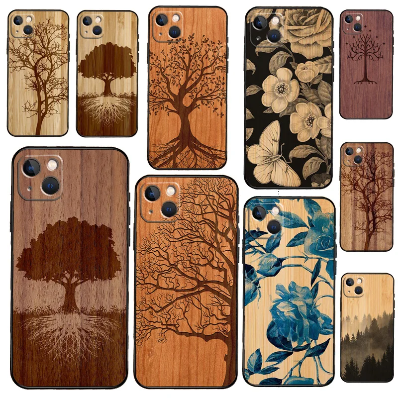 Tree Flower Bamboo Wood  Back Cover For Apple iPhone 11 12 13 14 Pro Max Mini 6S 7 8 Plus XR X XS Max SE Phone Case