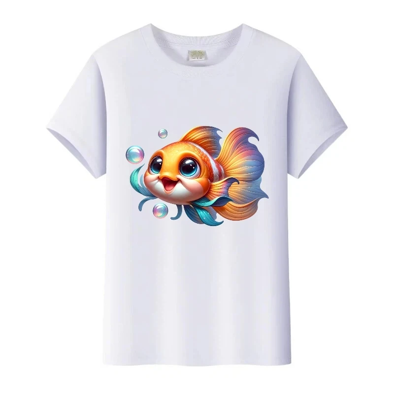 

Детская футболка с принтом милой золотой рыбки, новинка 2026 года, из чистого хлопка, модная, крутая, для мальчиков и девочек, для всей семьи