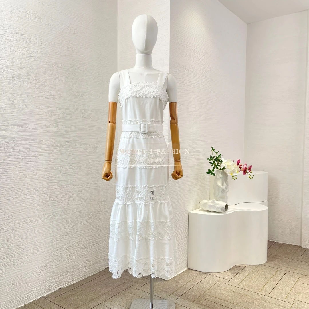 

White Hollow Lace Patchwork Sleeveless Midi Dress 2025 New Summer Dress