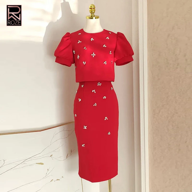 مجموعة فساتين أنيقة بأكمام قصيرة - تنورة نسائية فاخرة برقبة دائرية مطرزة مكونة من قطعتين لمجموعات تنورة الارتداء اليومي