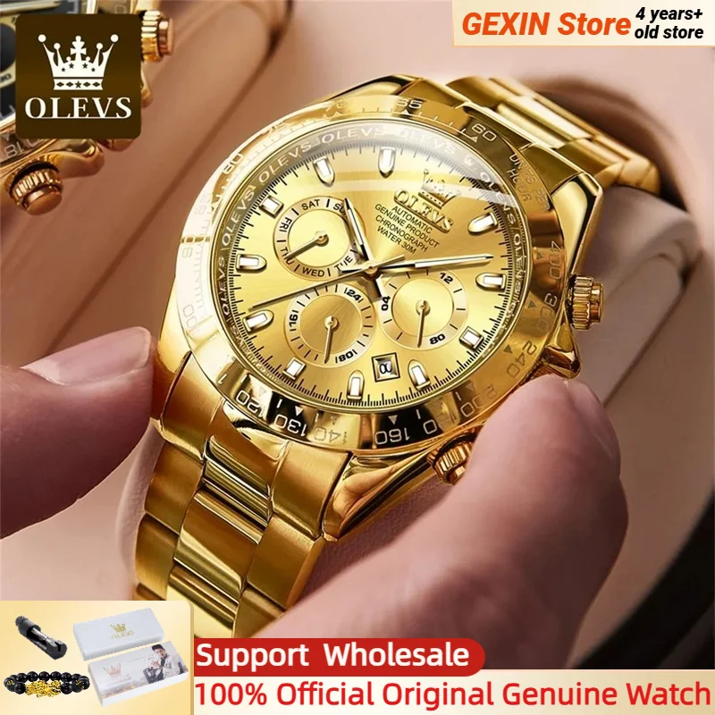 

OLEVS Original Gold Watch for Men Automatic Mechanical Multifunctional Three Small Dials Luxury Brand Men's Wristwatch Upgraded