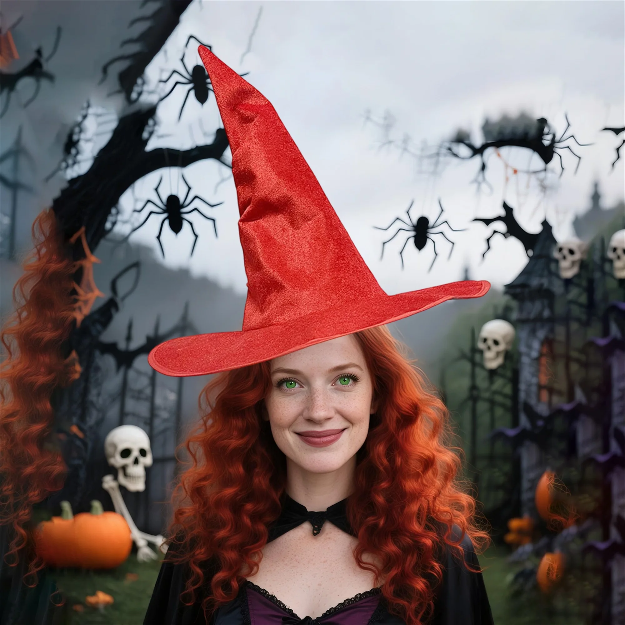 หมวกแม่มดกํามะหยี่สีดําพร้อมรายละเอียด Ruched และปีกกว้างสําหรับผู้ใหญ่ - อุปกรณ์เสริมเครื่องแต่งกายฮาโลวีนสําหรับคอสเพลย์