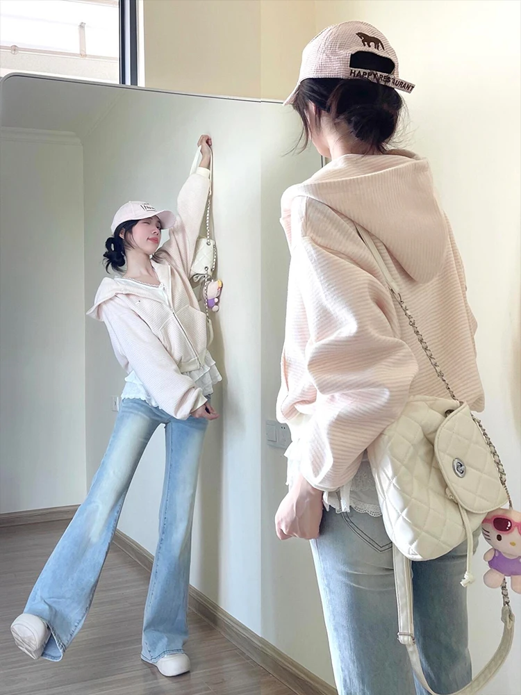 

Корейская толстовка в розовую полоску, женская осенне-зимняя новинка, кардиган маленького размера, свитер, удобный свободный крой, длинный све