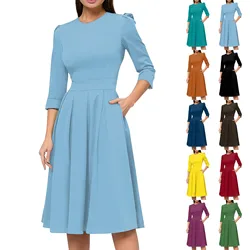 2024 Women's Casual And Fashionable Solid Color 3/4 Sleeve With Back Zipper Dress A-Line Swing Dress with Pockets S-2XL