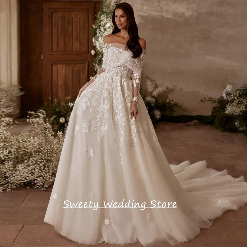 

Romantic Princess Wedding Dresses for Woman Customized Sweetheart Long Sleeves Applique Court Train Tulle A Line Bridal Gown