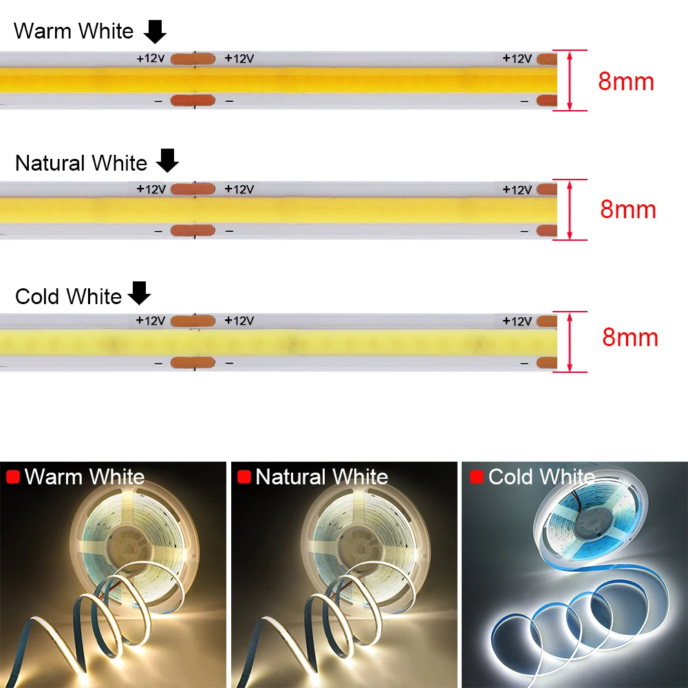 12V COB LED Strip com Switch Power Kit, Fita de Iluminação Linear de Alta Densidade, EUA, UE, Reino Unido, AU Plug, Fita Leve Flexível, Ra90, 320