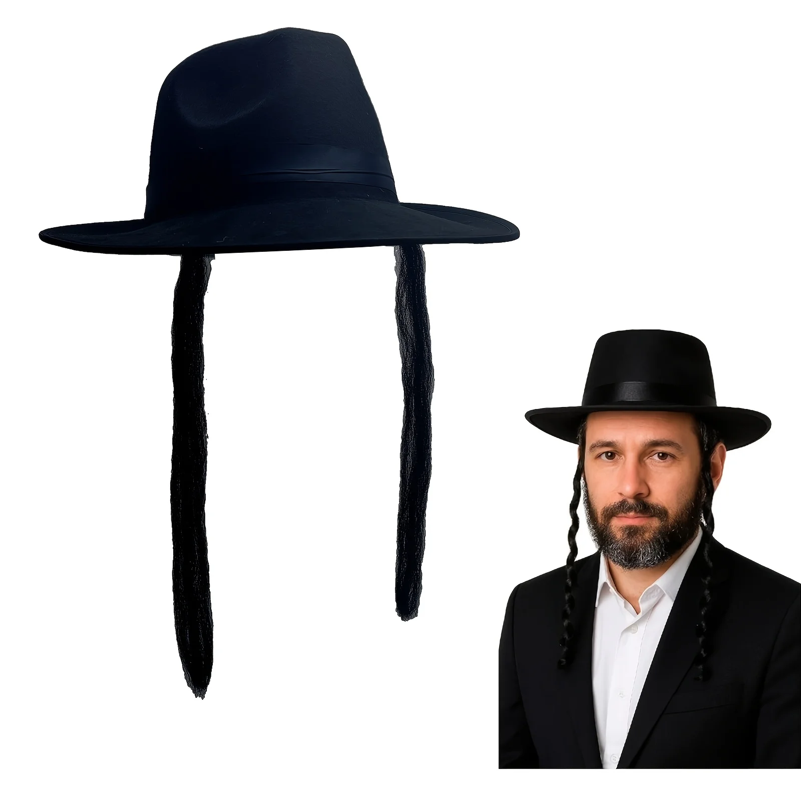Neuartige Erwachsenen-Rabbi-Mütze - Schwarzer Kostüm-Fedora mit Seitenschnitten Locken Haarverlängerungen Halloween-Kostüm