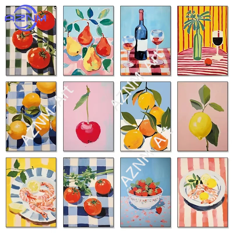 Póster Impreso de Frutas (Arándanos, Cerezas, Uvas, Limones, Papayas, Peras, Melocotones), Arte de Pared, Cuadros en Lienzo, Decoración para el Hogar, Regalo (1 Pieza)