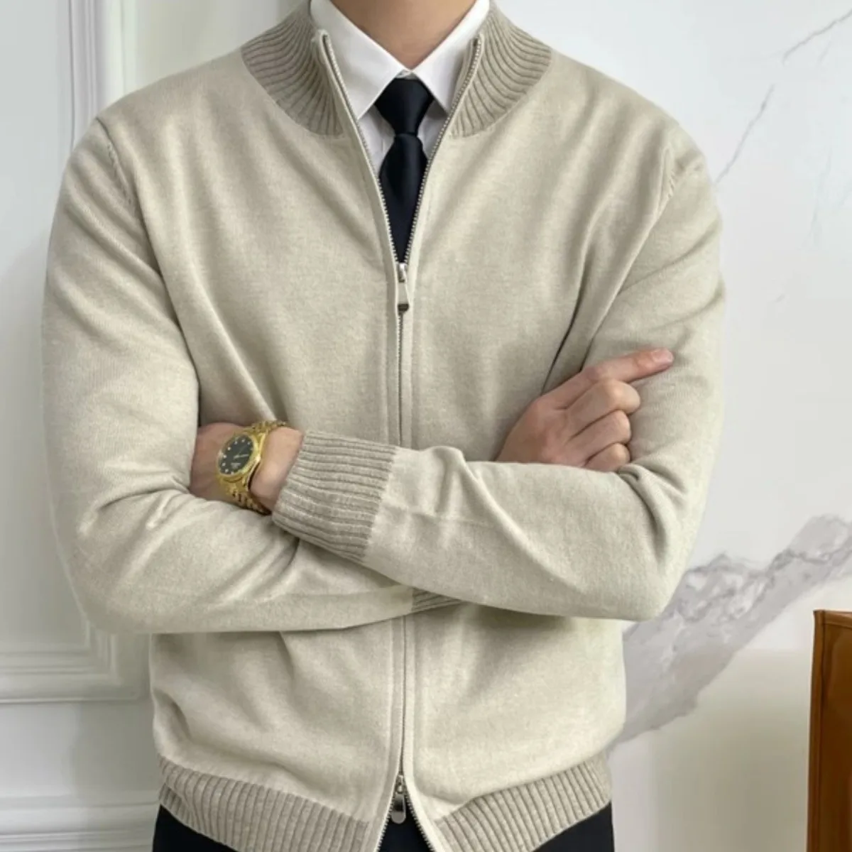 

Autumn and winter color-blocking double zipper cardigan sweater top men's jacket British stand collar new slim sweater casual