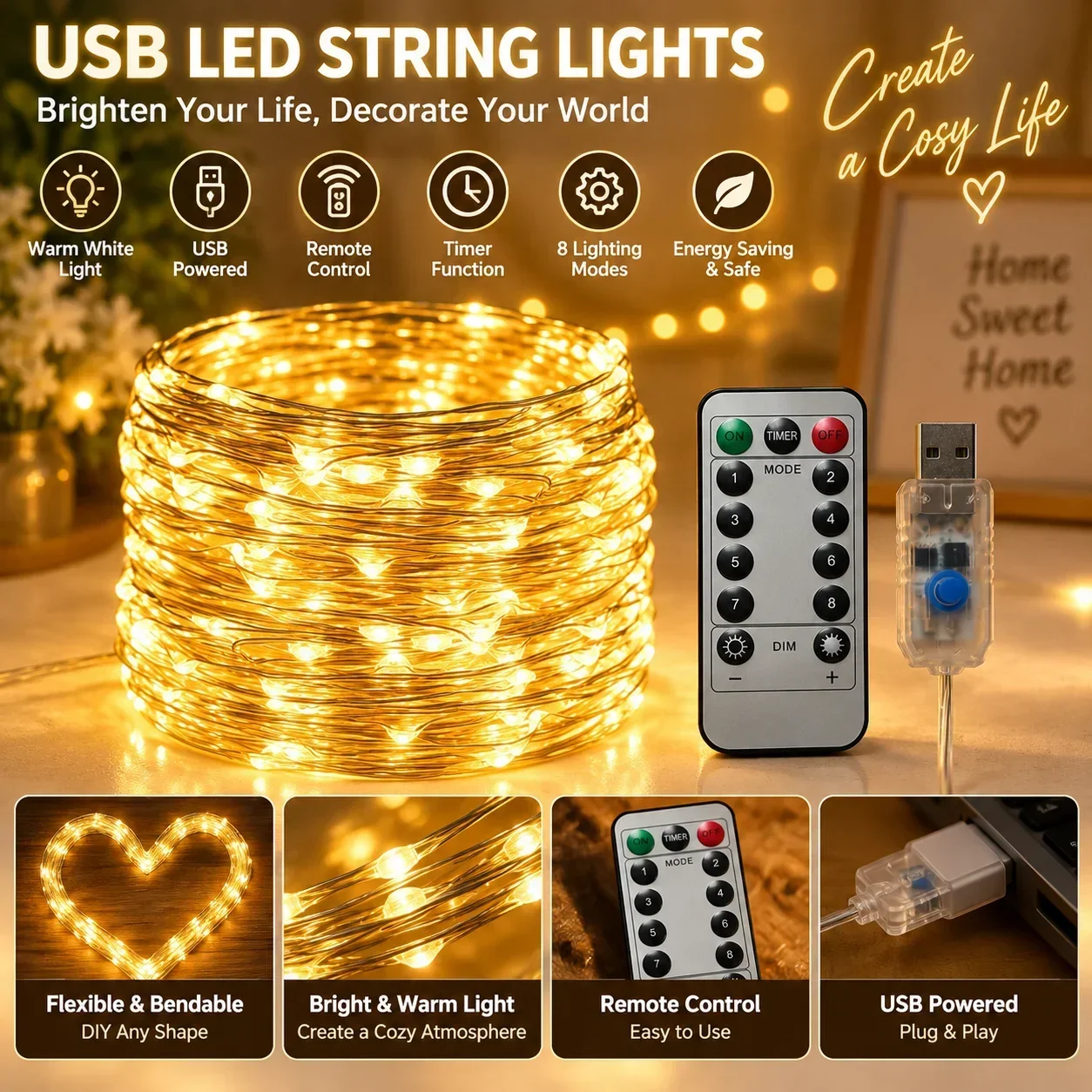 USB Powered Remote Control 8 Modes Copper Wire LED Star Curtain Fairy Lights for Indoor Christmas Home Bedroom Party Decor