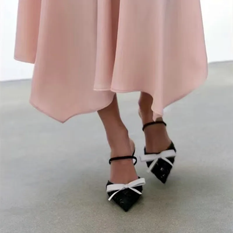 Summer and Autumn Simple Black Contrasting Bow Decoration Bead Lace High-Heeled Slim Heeled Sandals Shoes for Women