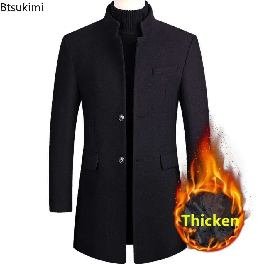 New Men's Mid Length Woolen Trench Coats Thicken Warm Business Casual Wool Blend Coats Stand Collar Slim Winter Jacket Gentleman