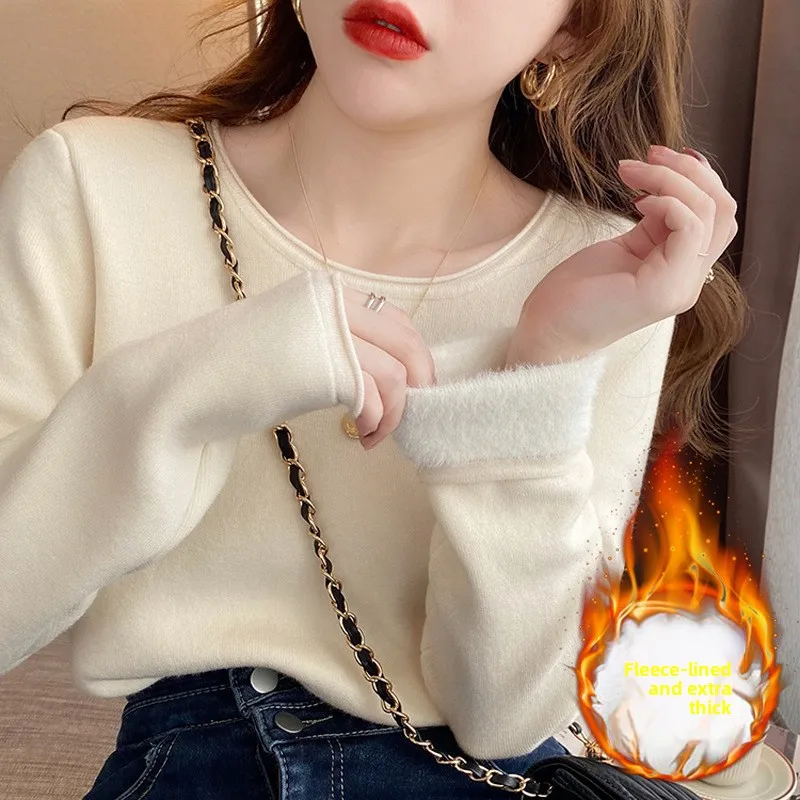 

Women's Base Layer Shirt Inner Knitwear Top Quality Acrylic Material Thickened Fleece Lined round Neck Pullover Sweater