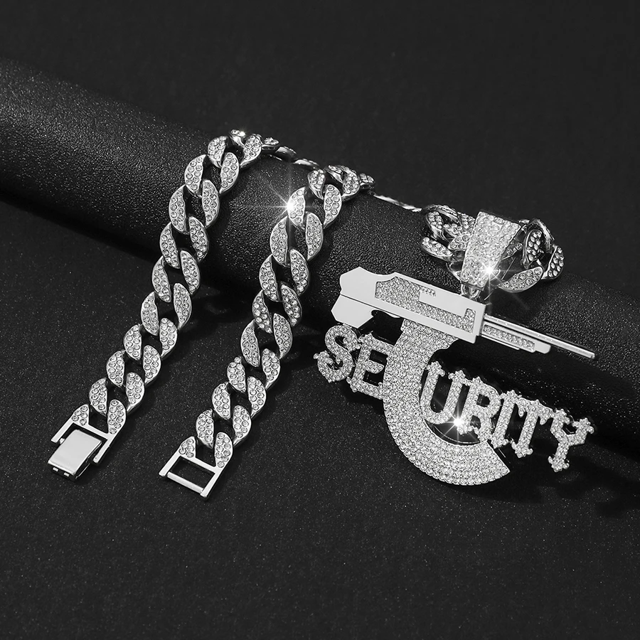 Hip-hop sniper rifle SEURITY letter pendant necklace ice crystal Cuban chain fashion cool jewelry men\'s gift