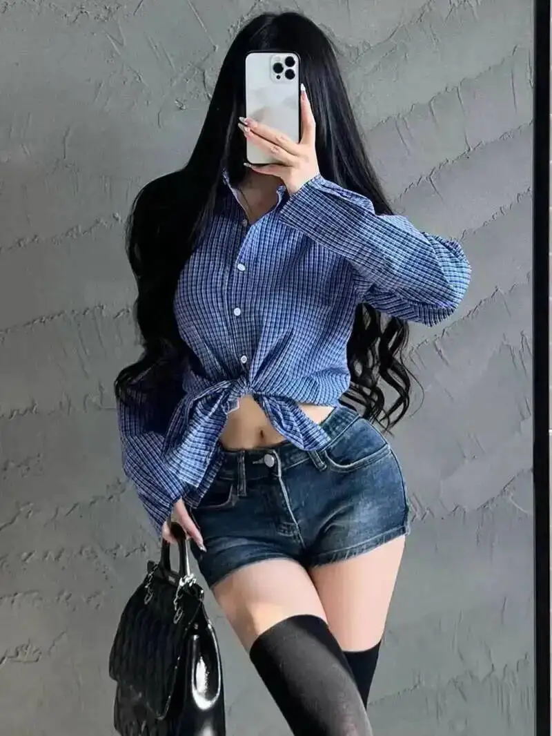 

Корейская синяя клетчатая дизайнерская рубашка с воротником и длинным рукавом, женские французские комплектные топы, модные свободные повседневные топы 0QI2