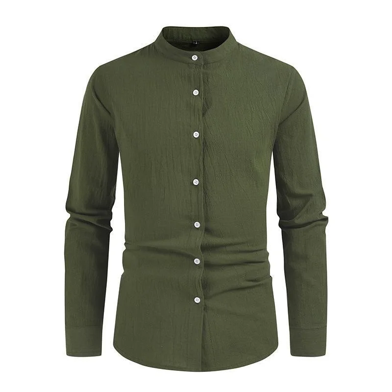 

New Spring Autumn Stand Collar Cotton Linen Shirts Men Solid Color Long Sleeve Casual Mens Blouse Single Breasted Shirt
