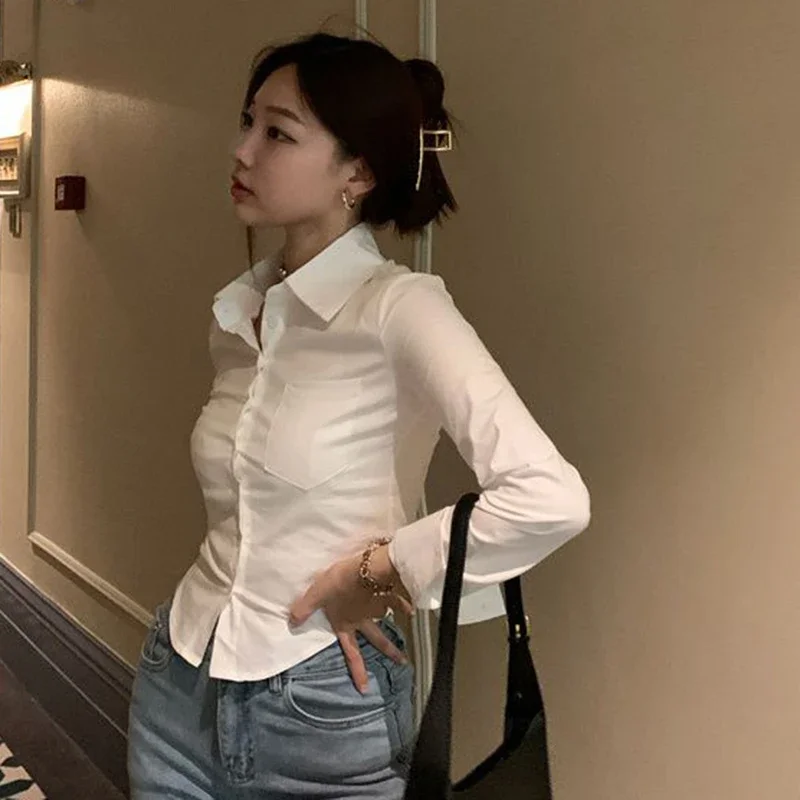 Elegante Frauen Koreanische Shirts Mode Streetwear Weibliche Dünne Bluse Frühling Y2K Casual Büro Damen Sexy Cropped Tops Neue