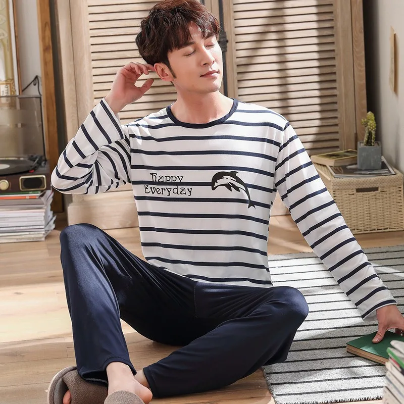 Spring and Autumn Long-Sleeved Long Pants Men\'s Pajamas Homewear Loose Casual Striped Nightwear Large Size Sleepwear Loungewear