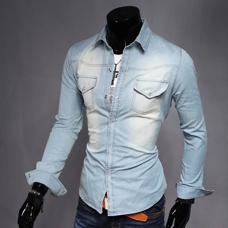 

MRMT 2024 Brand New Men's Denim Shirt Gradient Pocket Slim Shirts for Male Long Sleeve Men Tops Shirts Man Washed Denim Shirts