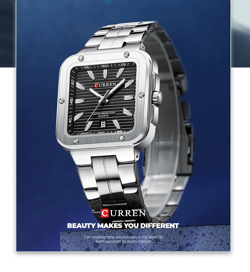 CURREN Einzigartige Quadratische Herrenuhr mit Grünem Zifferblatt - Edelstahlarmband, Business-Casual-Stil Quarz-Armbanduhren für Männer – Detail 12