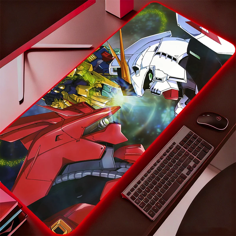 Mouse Pad LED para Jogos Mobile Suit Gundam, Mousepad Gamer XXL, Tapete de Mesa com Luz de Fundo para Teclado e Mouse