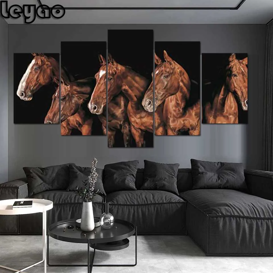 

Large 5 Pieces Horses Animal Diy Diamond Painting Cross Stitch Kits Diamond Mosaic Embroidery Brown Horse Full Drill Home Decor