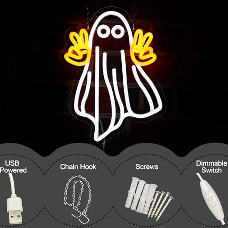 Halloween Neon Sign Dimmable USB Powered LED Light Victory Ghost Wall Decor Gift for Bar Game Room Man Cave Bedroom Garage Decor
