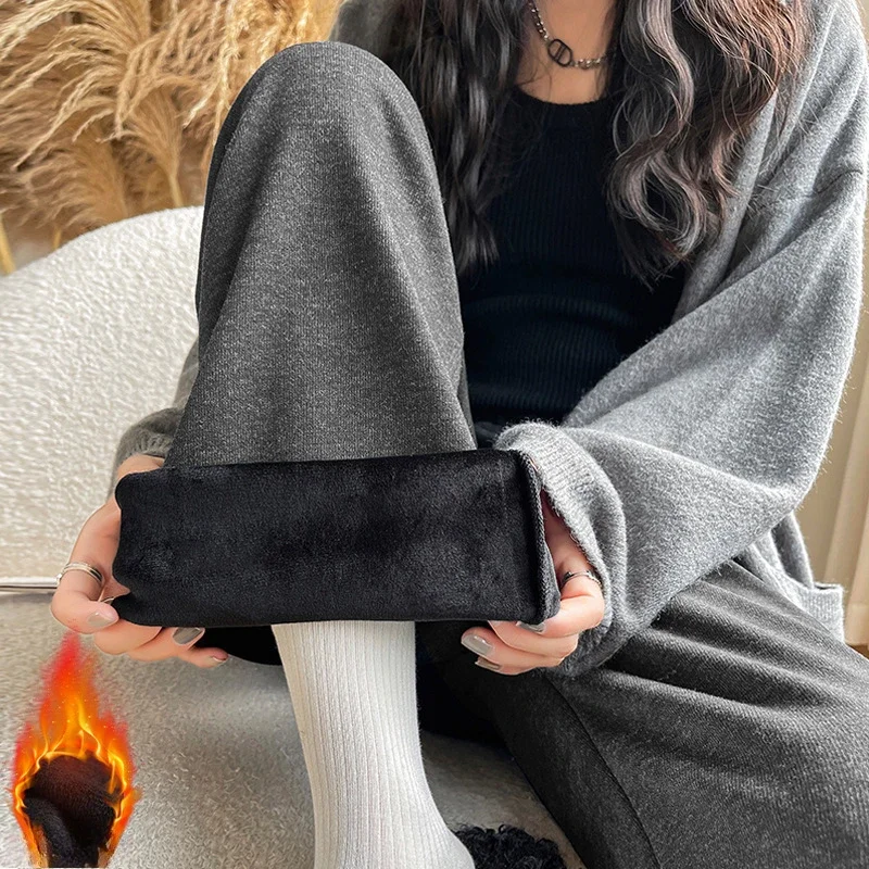 

Knitted Drawstring Plush Wide Leg Pants Fashion Solid Color High Waist Floor Length Pants Slimming Straight Leg Casual Pants