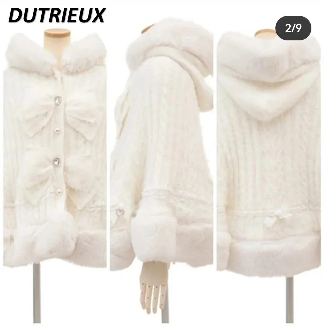 Japanese Style Sweet Cute Faux Rabbit Fur Cape Coat Women\'s Winter Hooded Single-Breasted Batwing Sleeve Sweater Cardigan